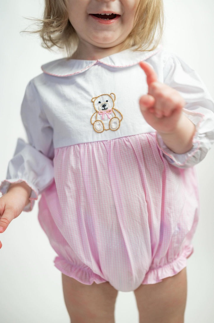 Carson and Friends Hand Embroidered Teddy Bear Bubble- Pink