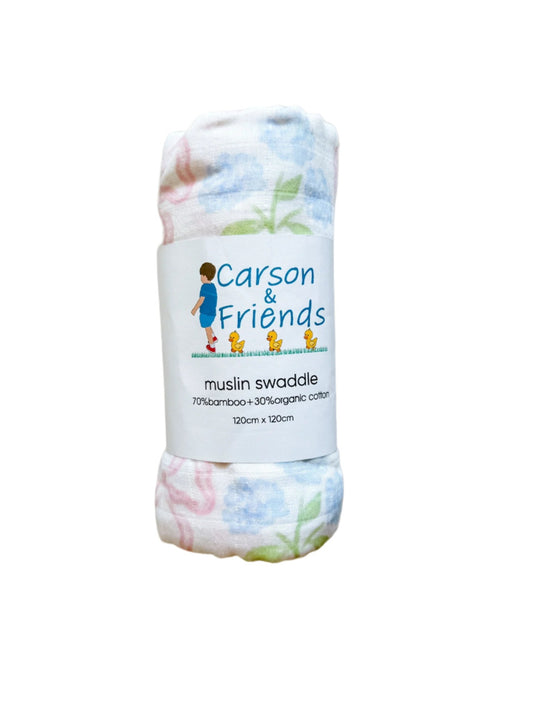 Carson and Friends Organic Muslin Cotton/Bamboo Swaddle- Hydrangea Bow Trellis