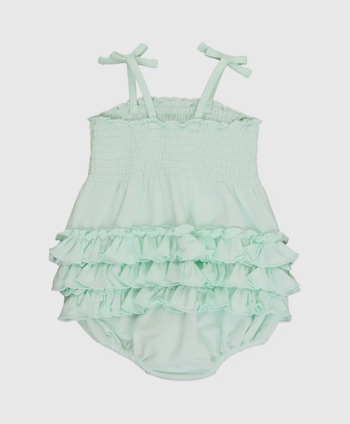 RuffleButts Mint Smocked Tie Knit Romper