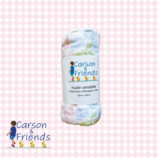 Carson and Friends Organic Muslin Cotton/Bamboo Swaddle- Hydrangea Bow Trellis