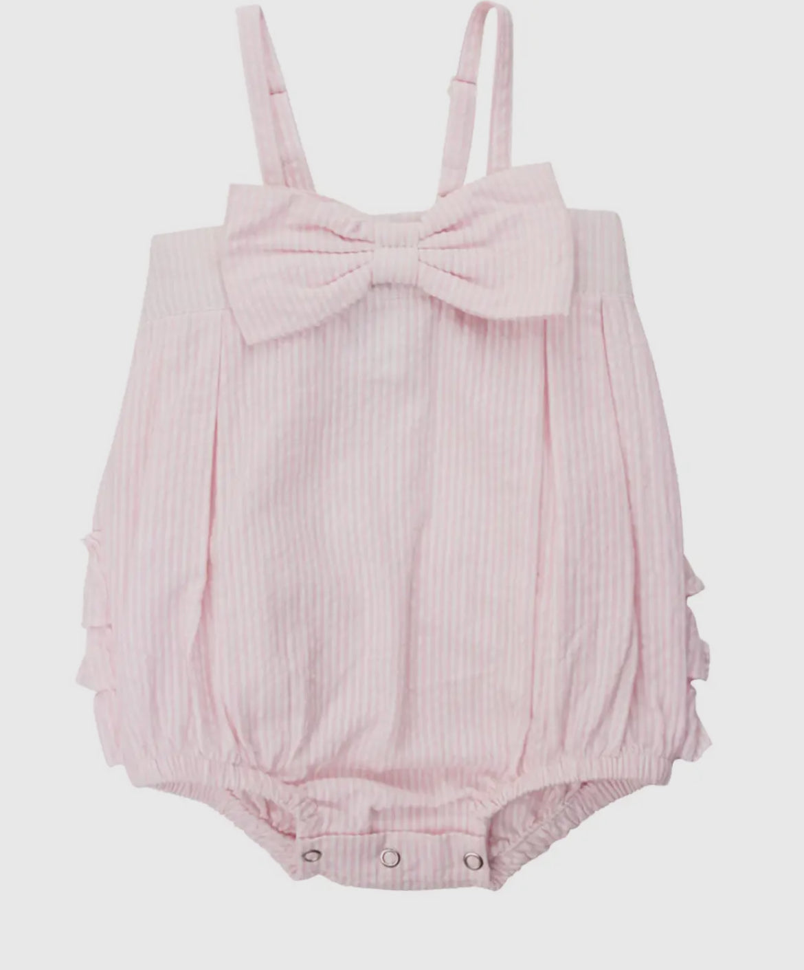 RuffleButts Pink Seersucker Bow Front Bubble Romper