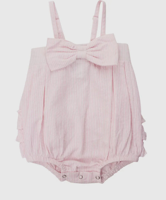 RuffleButts Pink Seersucker Bow Front Bubble Romper