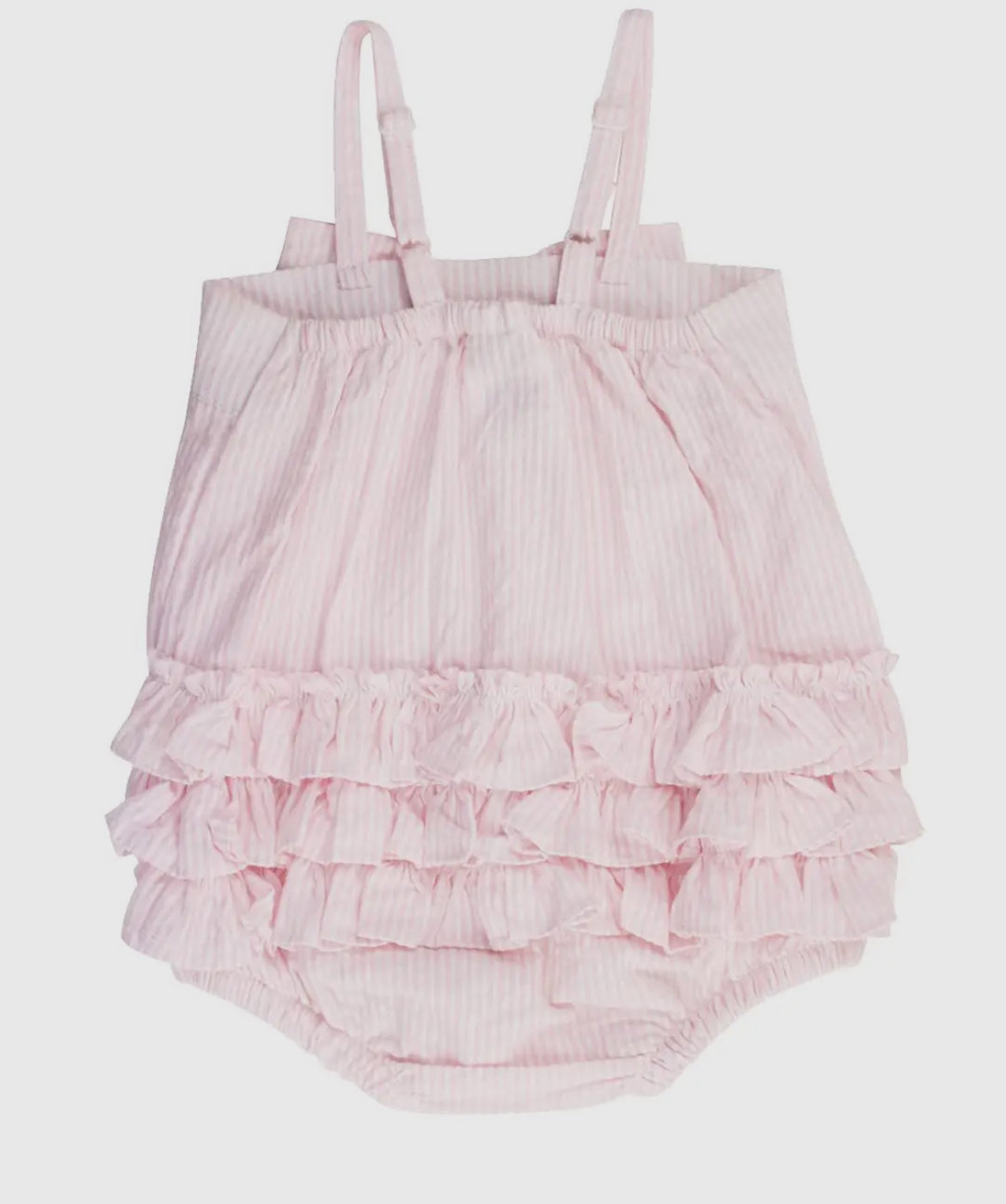 RuffleButts Pink Seersucker Bow Front Bubble Romper