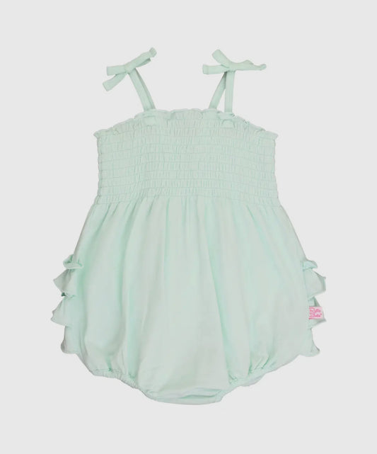 RuffleButts Mint Smocked Tie Knit Romper