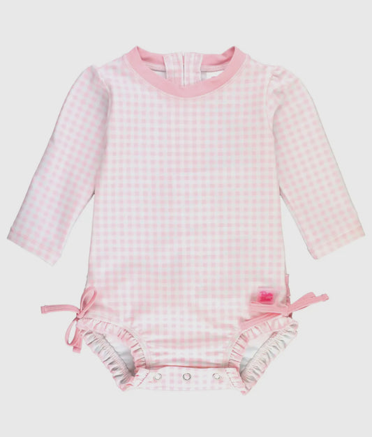 RuffleButts Pink Gingham Long Sleeve Rash Guard